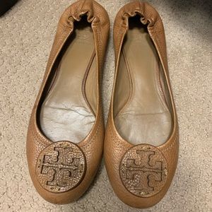 Tory Burch tan leather logo flats
